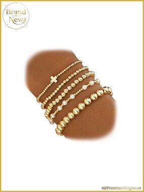 14K Gold Plated Beaded Bracelets Set 5PCS Stretch Stackable Dainty Cross Ball